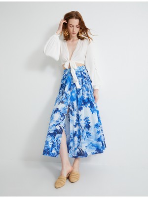 Koton Midi Çiçekli Etek Yırtmaçlı Bel Detaylı Yüksek Bel