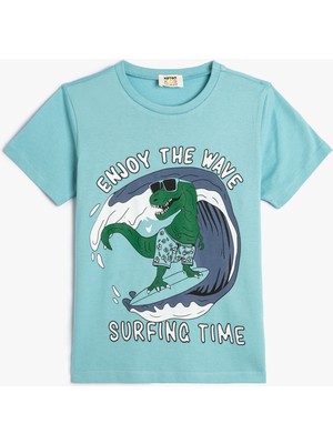 Koton Dinozor Baskılı Kısa Kollu Tişört Bisiklet Yaka Pamuklu