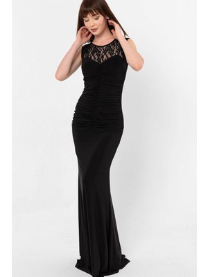 Laranor Dudak Yaka Dantel Detay Balık Elbise Abiye Mezuniyet Elbisesi 38 Siyah