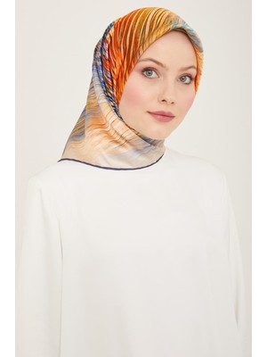 Armine Kiremit - Mavi Çizgili Desen Tivil İpek Eşarp 9143 - 82