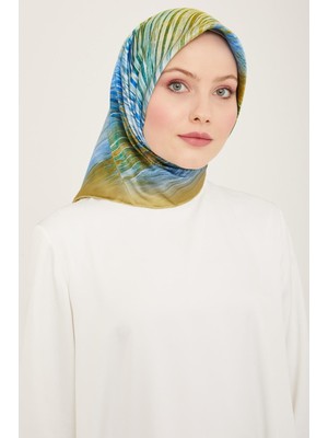 Armine Soft Yeşil - Mavi Çizgili Desen Tivil İpek Eşarp 9143 - 05