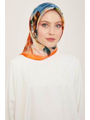 Armine Turuncu - İndigo Çiçek Desen Tivil İpek Eşarp 9133 - 35