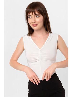 Laranor Alttan Çıtçıtlı V Yaka Yakada Büzgü Detaylı Bluz&body 36 - Ecru