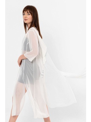 Laranor Ecru Kapüşonlu Yırtmaç Detaylı Şifon Kimono&bikiniüstü