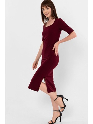 Laranor Balerin Yaka Yırtmaç Krep Kalem Elbise 38 Bordo