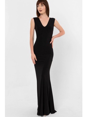 Laranor V Yaka Balık Elbise Abiye Mezuniyet Elbisesi 36 Siyah