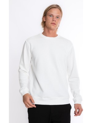 Erkek Ekru Bisiklet Yaka 3 Iplik Şardonsuz Polarsız Sweatshirt  S-205