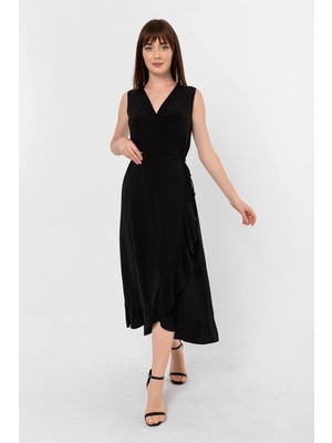 Laranor Etek Ucu Volanlı Kruvaze Bağcıklı Elbise 44 Siyah
