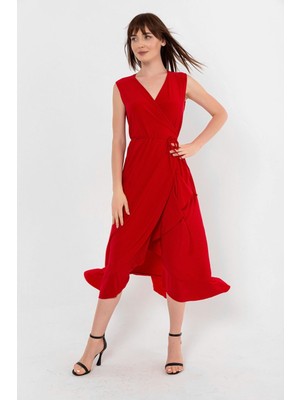 Laranor Etek Ucu Volanlı Kruvaze Bağcıklı Elbise 44 Kırmızı