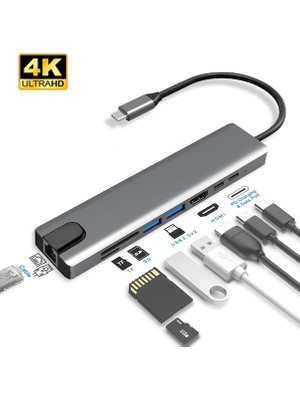 Alfalink AL-C80 Type-C 8in1 Çevirici Adaptör Macbook / Android  Uyumlu 4K HDMI + 2port USB 3.0 + RJ45 Gbit+ Sd Micro Kart