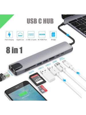 Alfalink AL-C80 Type-C 8in1 Çevirici Adaptör Macbook / Android  Uyumlu 4K HDMI + 2port USB 3.0 + RJ45 Gbit+ Sd Micro Kart