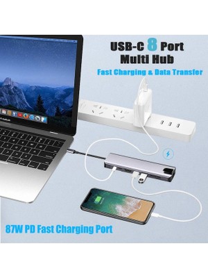 Alfalink AL-C80 Type-C 8in1 Çevirici Adaptör Macbook / Android  Uyumlu 4K HDMI + 2port USB 3.0 + RJ45 Gbit+ Sd Micro Kart