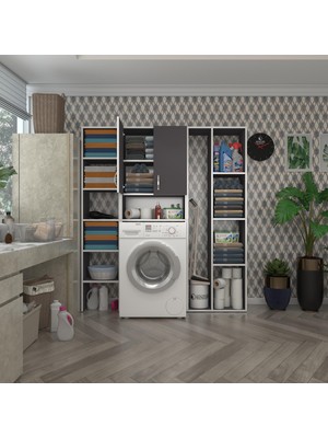 Kenz Life  Çamaşır Makinesi Dolabı Sinemmega Gri 180*156*30 Banyo Kapaklı Arkalıklı Raflı