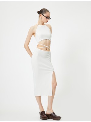Koton Halter Yaka Elbise Midi Pencere Detaylı Önden Yırtmaçlı Slim Fit
