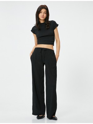 Koton Crop Tişört Kısa Kollu Drapeli Dik Yaka Dokulu