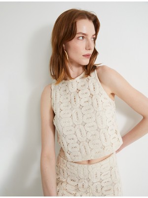 Koton Crop Kroşe Üst Bisiklet Yaka Pamuklu