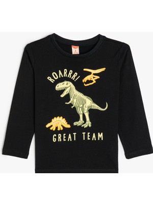 Koton Dinozorlu Tişört Baskılı Uzun Kollu Bisiklet Yaka Pamuklu