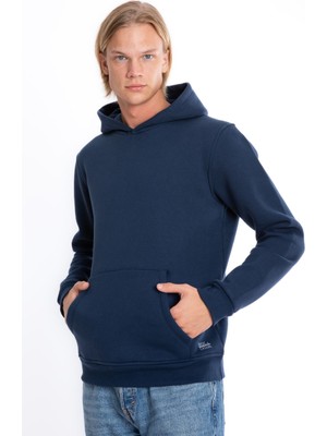 Giyimod Erkek Lacivert Kapüşonlu Kanguru Cepli 3 Iplik Şardonlu Polarlı Sweatshirt S-204