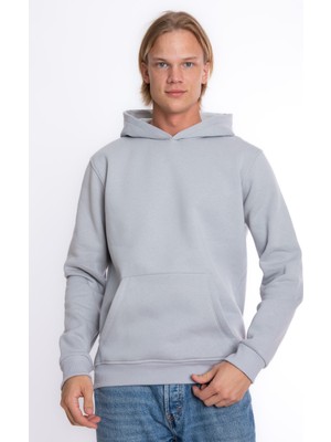 Erkek Gri Kapüşonlu Kanguru Cepli 3 Iplik Şardonlu Polarlı Sweatshirt S-204