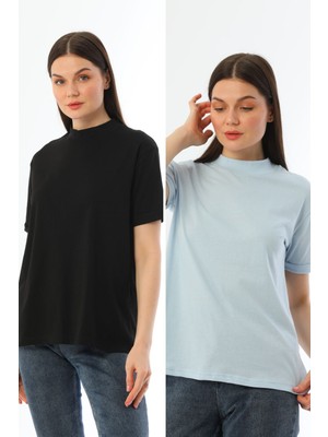 Kallima Siyah-Mavi 2'li Paket Dik Yaka Rahat Kalıp Pamuk T-Shirt