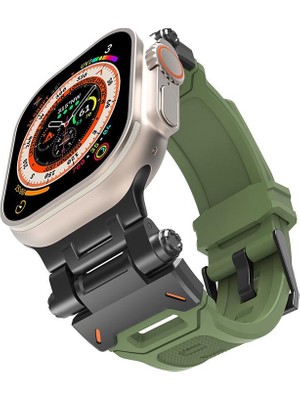 AktarMobile Apple Watch Ultra 49 mm Uyumlu Metal Aksamlı Silikon Kordon