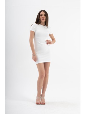 Vapur Tekstil Kısa Kollu Omuzları Vatkalı Kısa Elbise - Ekru
