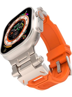 AktarMobile Apple Watch Ultra 49 mm Uyumlu Metal Aksamlı Silikon Kordon