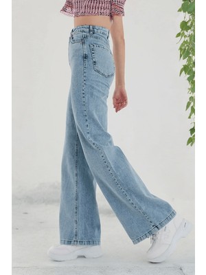 Incim Kadın Açık Mavi Kar Yıkama Yüksek Bel Denim Jean Kadın Bol Paça Kot Pantolon