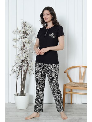 Wordex Mr 1417 Pegasus Kumaş Kısa Kollu Leopar Desenli Kadın Pijama Takımı