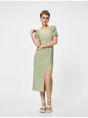 Koton Balon Kol Elbise Midi Yırtmaç Kısa Kollu Slim Fit