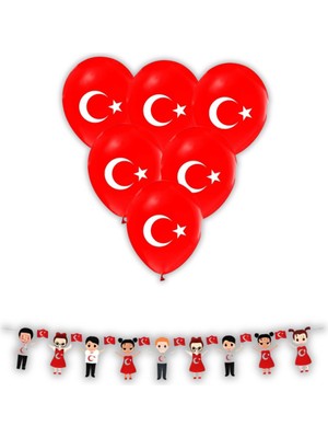 Parti Furyası 23 Nisan Süsleri Dekoratif El Ele Çocuklar ve Ay Yıldız Baskılı Balon 10 Lu 23 Nisan 29 Ekim Bayram Süsleri