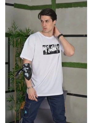 Blacktree Unisex Bisiklet Yaka Baskılı Oversize T-Shirt - Beyaz