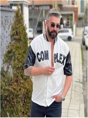 Blacktree Erkek Complex Kolları Deri Kolej Oversize T-Shirt - Beyaz