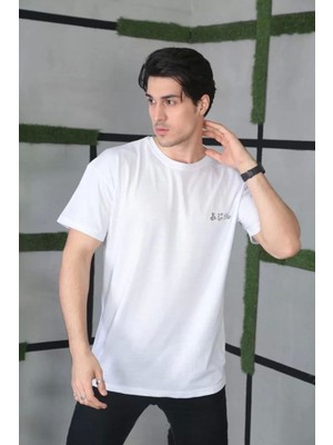 Blacktree Unisex Bisiklet Yaka Baskılı Oversize T-Shirt - Beyaz