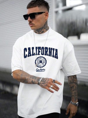 Trendseninle Erkek Beyaz California United State 91  Baskılı Oversize Tişört