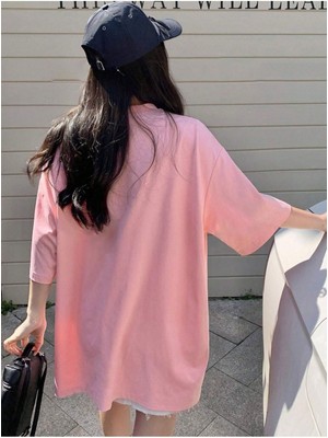 Trendseninle Kadın Pembe Sweet Flower Baskılı Oversize Tişört