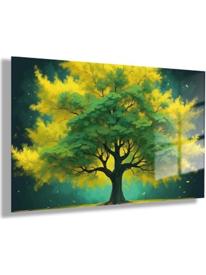 Gaagart Temperli Gerçek Yatay Cam Tablo Yeşil ve Sarı Ağaç Tasarımı