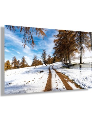 Gaagart Temperli Gerçek Yatay Cam Tablo Karlı Yol ve Orman Manzarası