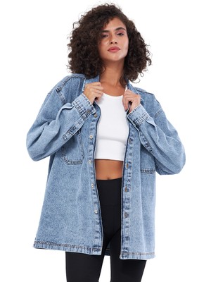 Mesfeno Clothing Mesfeno Kadın Gömlek Ceket,  Oversize Kesim Kalın Kumaş, 2 Cep Detaylı, %100 Pamuk, Metal Düğmeli Mavi Denim  Denim