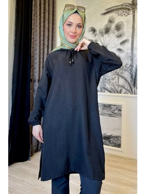 Gülseli Siyah Yaka Bağlama Detaylı Kol Ucu Lastikli Tunik P-00009923