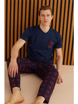 Pijama Evi Lacivert Kırmızı Ekose Cep Detay Ekose Kısa Kollu Erkek Pijama Takımı