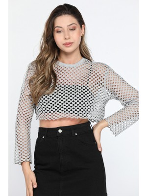 Julude Gri Bisiklet Yaka Ajurlu Crop Top File Bluz P-00009952
