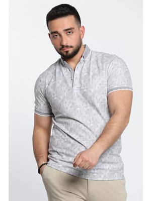 Julude Gri Polo Yaka Yarım Düğme Detaylı Desenli Erkek Tişört P-00009295
