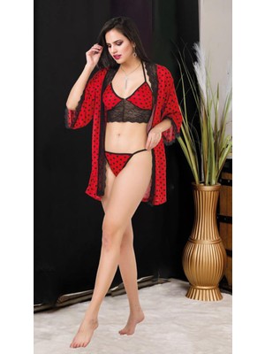 Secret Moda Kırmızı Siyah Puantliyeli  3 Parça Transparan Tanga Kadın Iç Çamaşır Model Takımı