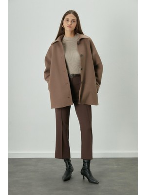 Manuka Acı Kahve Düz Kesim Kumaş Pantolon Kadın Yüksek Bel Çift Dikişli Bilek Boy