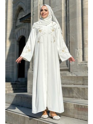 Bym Fashion Nakış İşleme Detaylı Ferace 7895 Ekru