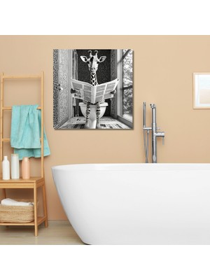 Gaagart Tekli Kare Kanvas Banyo Tablosu Gazete Okuyan Siyah Beyaz Zürafa