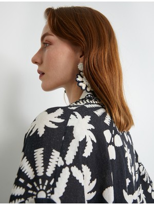 Koton Oversize Kimono Viskon Keten Karışımlı Yarım Kollu Cepli