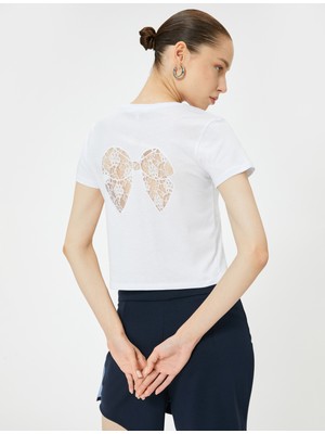 Koton Arkası Dantel Fiyonk Detaylı Tişört Kısa Kollu Bisiklet Yaka