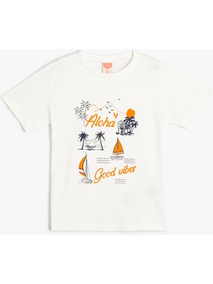 Koton Tişört Yaz Temalı Kısa Kollu Bisiklet Yaka Pamuklu